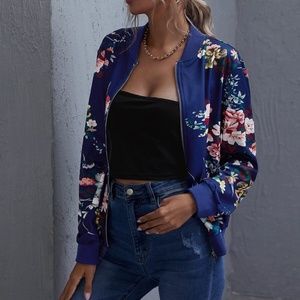 Boho Burgundy Floral Zipper Light Bomber Jacket